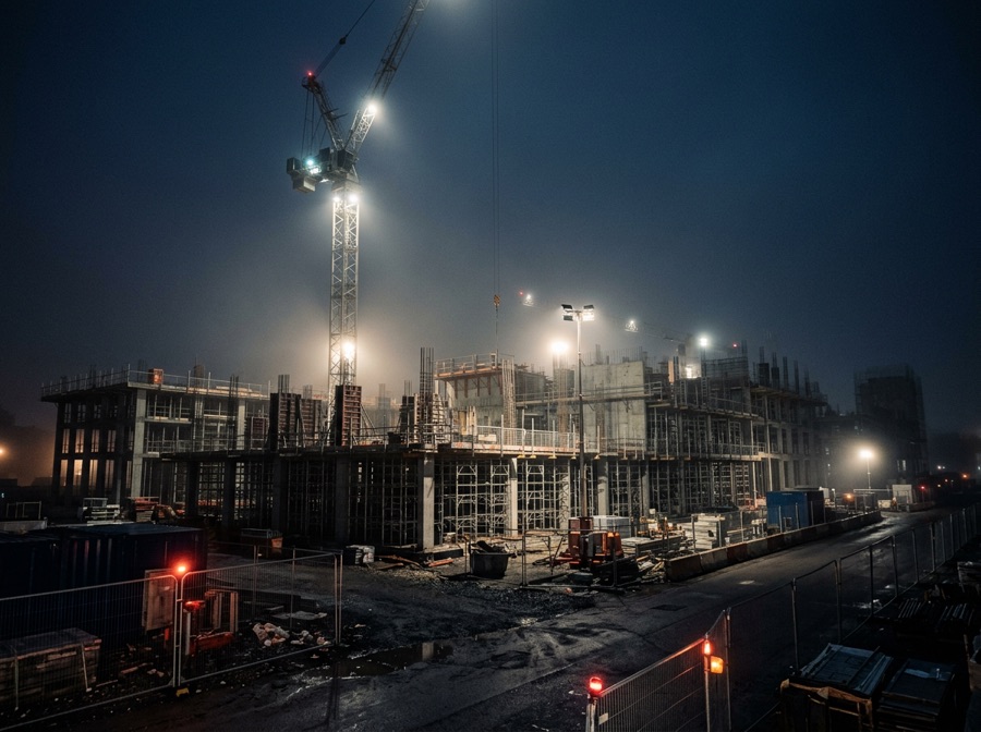 Symbolbild: Baustelle mit Kran bei Nacht