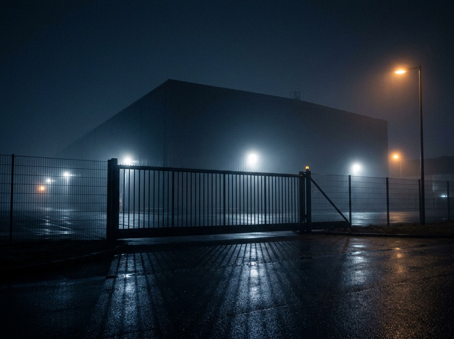 Symbolbild: verschlossenes Werkstor bei Nacht
